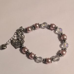 Granddaughter Heart Charm Bracelet with Pink and Silver Beads